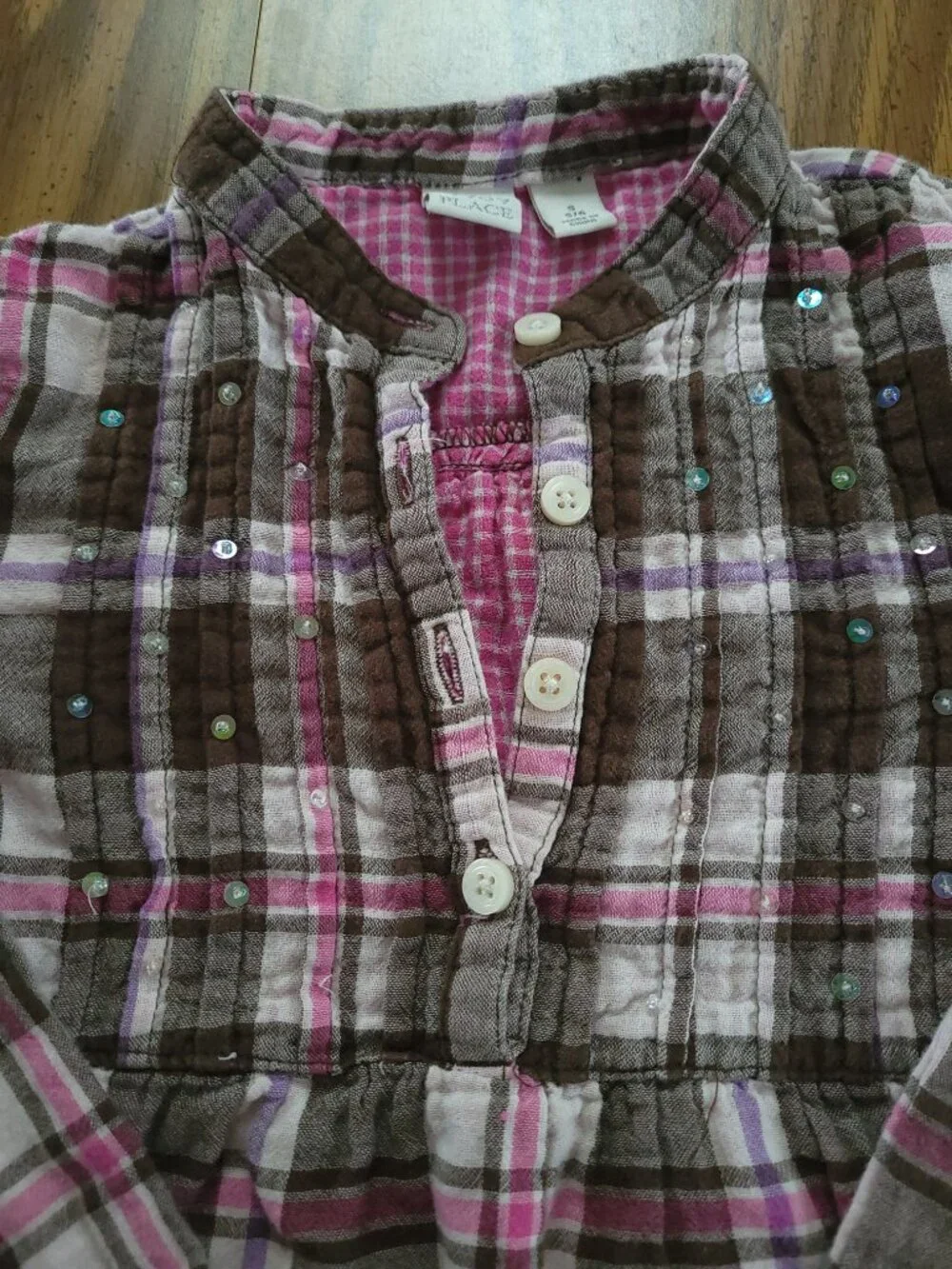 The Children's Place Girls 5/6 Brown Pink Plaid Button Front Tunic Shirt